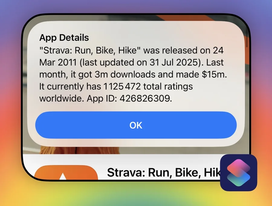 The Human shortcut: one paragraph reading “Strava: Run, Bike, Hike was released on 24 Mar 2011, last updated on 31 Jul 2025. Last month it got 3m downloads and made $15m. It currently has 1 125 472 total ratings worldwide. App ID: 426826309.”