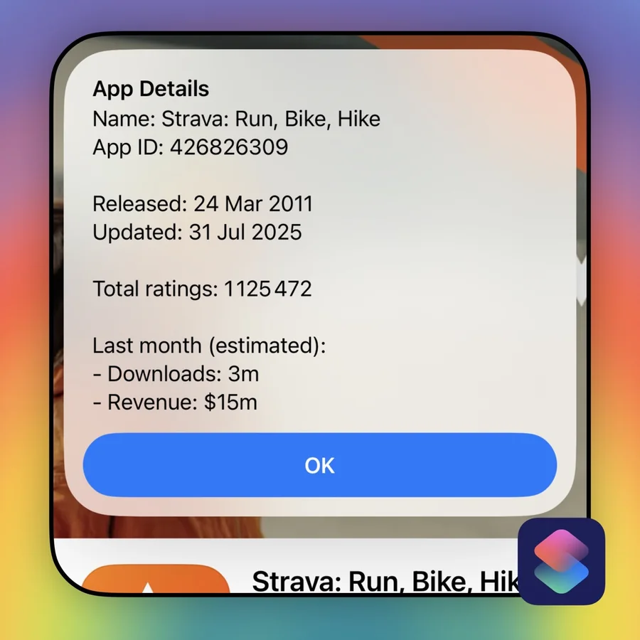 The List shortcut: the same App Store figures formatted one per line — name, App ID, released, updated, total ratings, downloads and revenue.