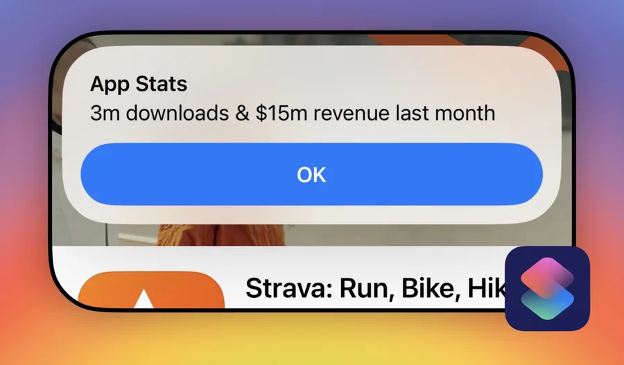The Minimal shortcut: a single line reading “App Stats — 3m downloads & $15m revenue last month”.